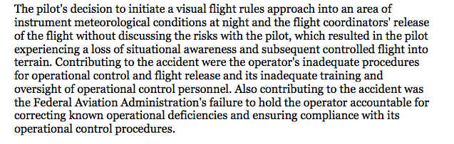 The probable cause for the crash of Hageland flight 1453 was found to be the pilot’s decision to fly VFR into IMC at night & the flight coordinator’s dispatch w/o discussing risks which resulted in the pilot’s loss of situational control. There were also contributing factors. /17