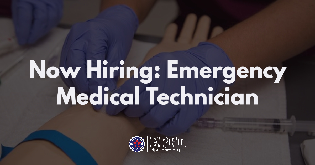 ElPasoFireTX's tweet photo. The El Paso Fire Department is looking for Emergency Medical Technicians! Join a world-class fire department and serve your community.

Fill out your application at https://t.co/CIQDCn8MxN
(EMT-B Cert or higher is required) https://t.co/qKwR2Lt6K7