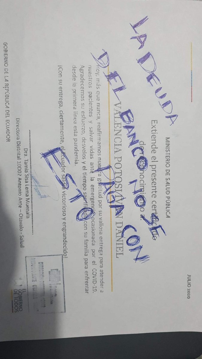 RComunitariosEc's tweet photo. 🇪🇨#MiSueldoMiDerecho

"Todas los servidores públicos necesitan ser pagados y más cuando eres del MSP y estas enfrentando una pandemia directamente. El banco sigue sumando dinero por días de Mora y un certificado ni nos hace inmunes ni tampoco paga préstamos" por #IvanValencia https://t.co/icb4vGtV84