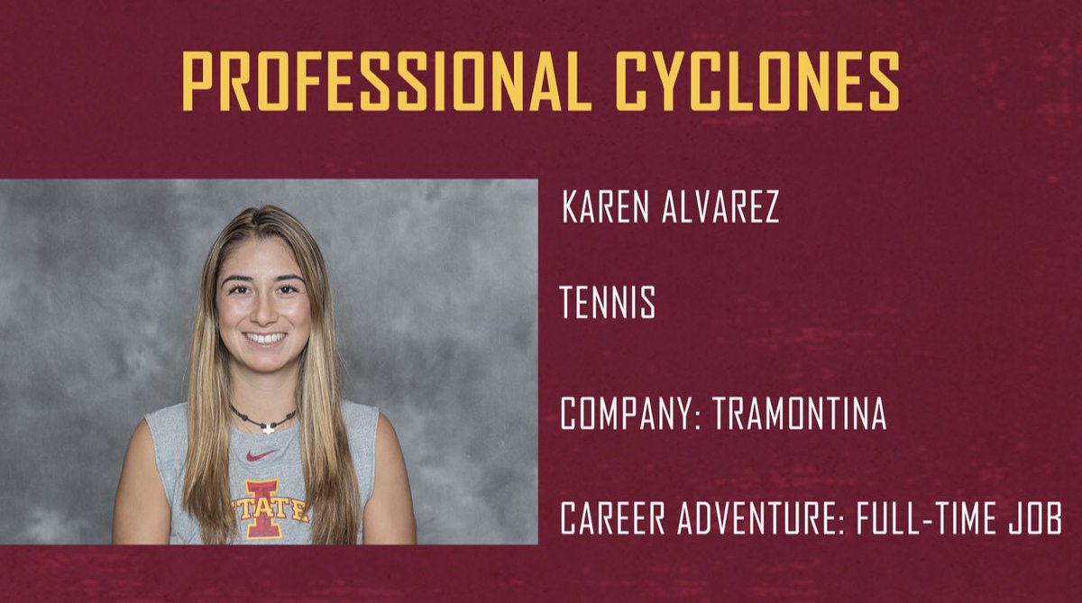 Congratulations to recent <a href="/CycloneTEN/">Iowa State Tennis</a> graduate Karen Alvarez (<a href="/AlvarezCuriel/">karen alvarez ✌️</a>) on starting a full-time position working for Tramontina in Mexico City this week! #ProfessionalCyclones #CycloneJourney