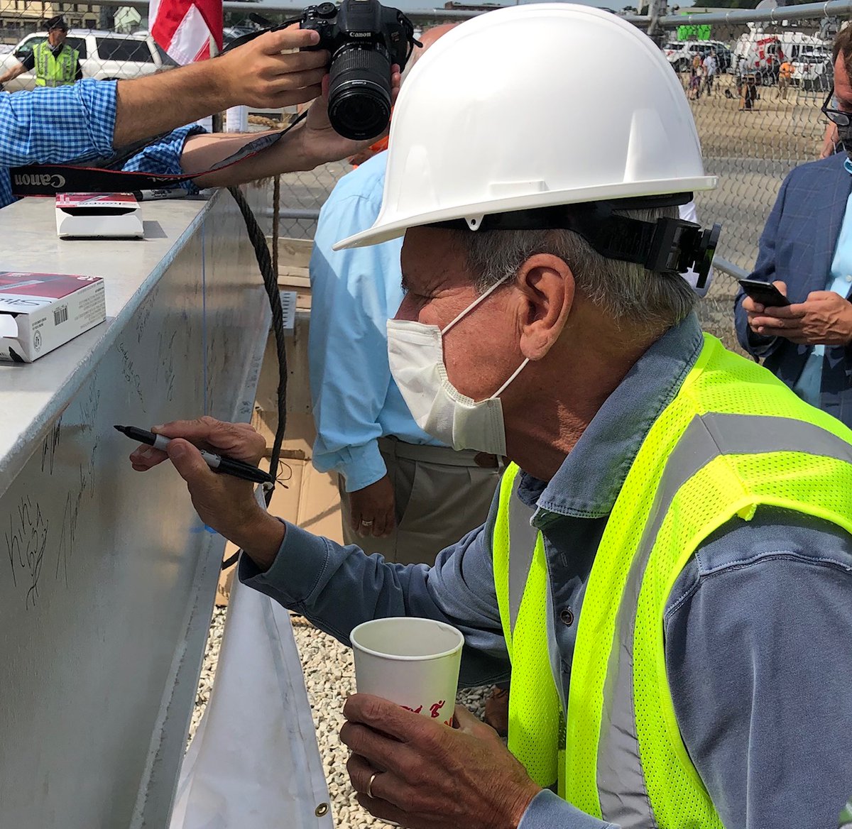 TweetWorcester's tweet image. The final steel beam was raised at @PolarPark2021, future home to the @WooSox, Thursday, Aug. 13 in a ceremony that featured city and team officials, laborers and many others. #toppingoff #Worcester