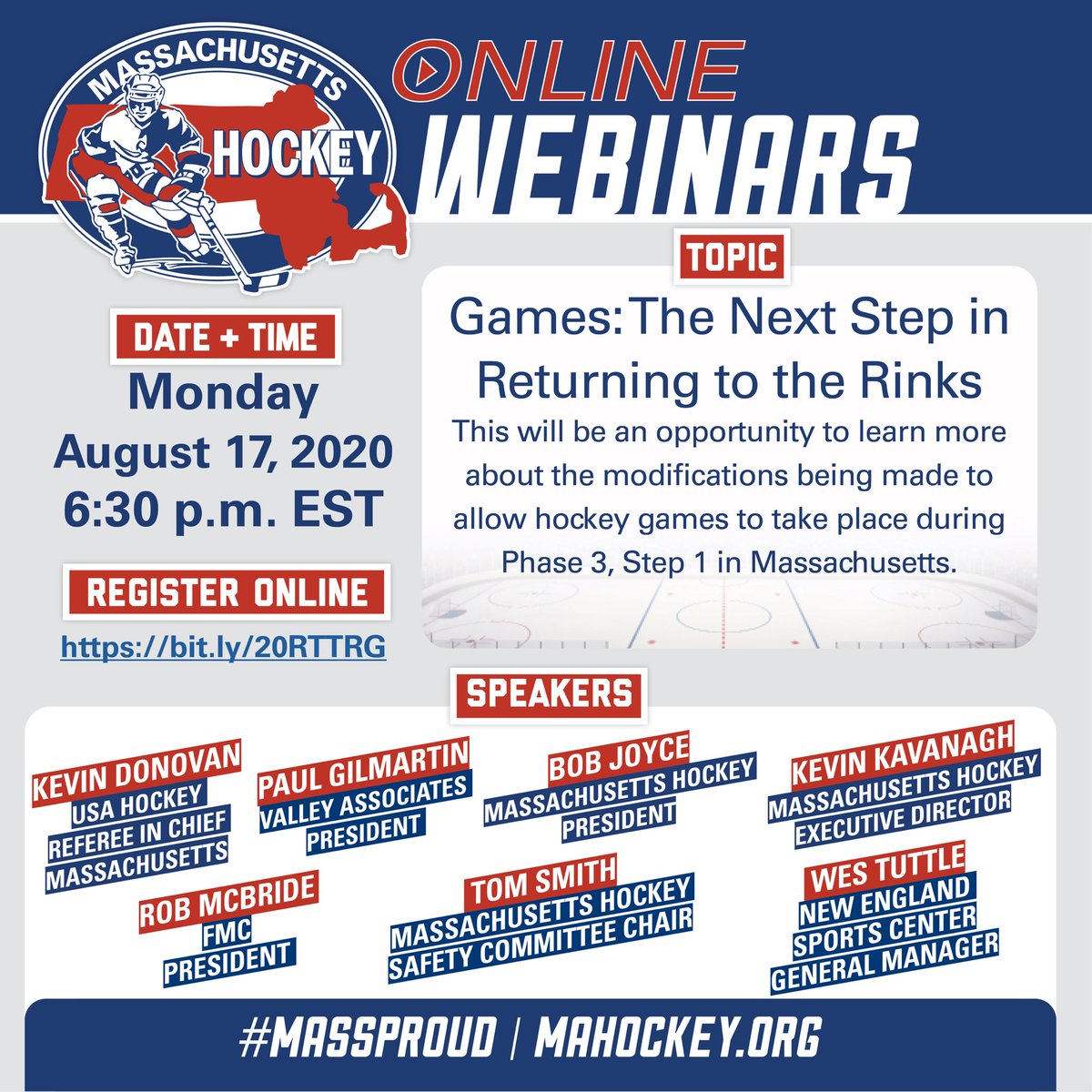 Excited to share that youth hockey games are back as of Monday August 17th! Hosting webinar for anyone interested in learning more about what the games will look like & what modifications required by the Governor’s Task Force #COVID19MA #HockeyisBack ➡️ bit.ly/20RTTRG