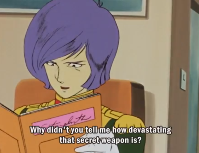 The shower scene is good for many reasons, but it also reiterates Garma's pattern - even when he doubts Char (which he does for just a second here) he immediately actively seeks reassurance of friendship and will take it way too easily. You Are My Friend. The constant mantra.