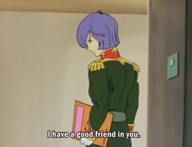 The shower scene is good for many reasons, but it also reiterates Garma's pattern - even when he doubts Char (which he does for just a second here) he immediately actively seeks reassurance of friendship and will take it way too easily. You Are My Friend. The constant mantra.