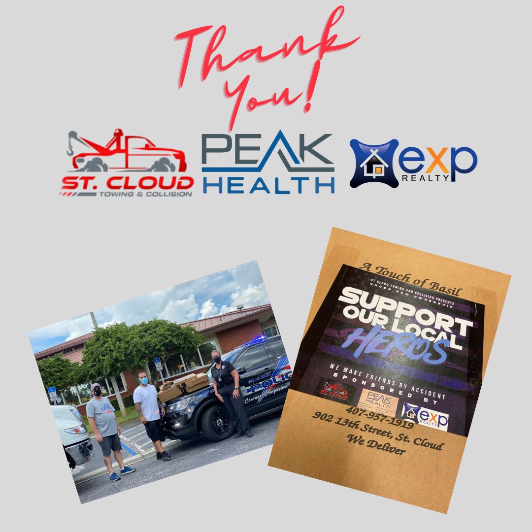 StCloudPD's tweet photo. Thank you to St. Cloud Towing & Collision, Peak Health and EXP Realty for providing us pizza for lunch from A Touch of Basil! It was greatly appreciated by the employees of #SCPD! #BTB #CommunityStrong #Communitymatters #CommunityStrongerTogether https://t.co/BltFEvV99u