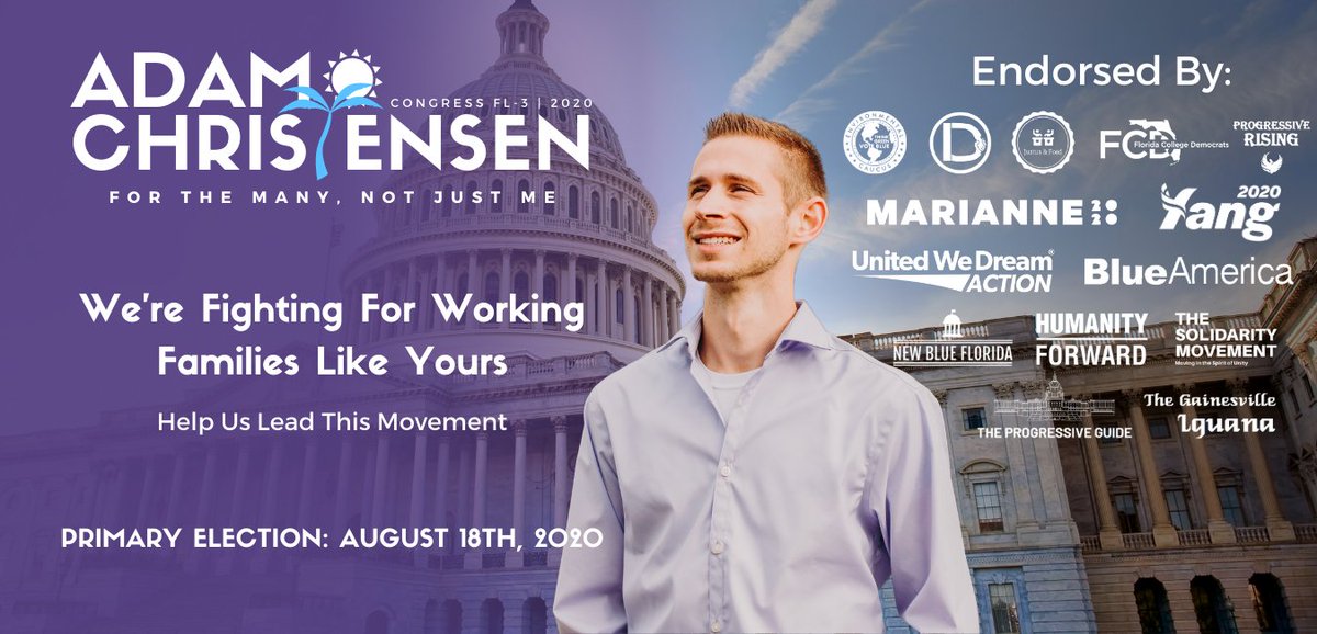 A_J_Christensen's tweet photo. I want to give a huge shoutout to our whole team. The ORGANIZATION, COALITION, and MOVEMENT that you have built over the last 7 months is INCREDIBLE.

It has completely changed politics in NC Florida.

This primary was a warmup. We are just getting started!

#ForTheManyNotJustMe https://t.co/DuFirngnMT