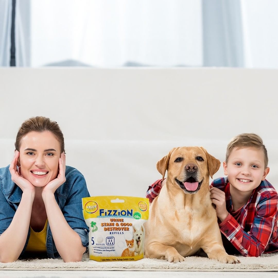 Fizzionclean's tweet photo. Fizzion Extra Urine Stain and Odor Destroyer is specially formulated for removing urine stains and odors. This is perfect for new pet owners. 🐾
 Shop the link to see what all the FIZZ is about: https://t.co/sAz3n8E0Ha https://t.co/GY8eUb9Cso