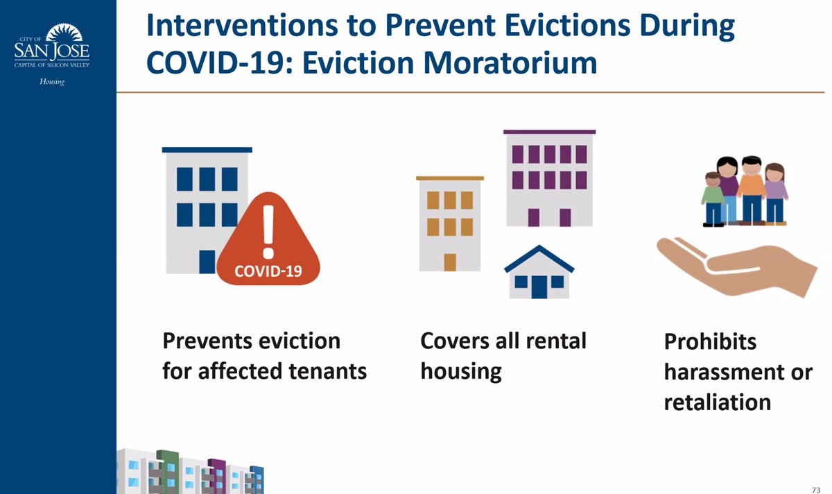 Rachel VanderVeen shows how  @cityofsanjose is supporting  #tenants during city-wide  #moratorium, incl protecting against harassment & retaliation (eg., for loss of job or having C19). Goal: Keep people housed!  #CGVirtualSummit