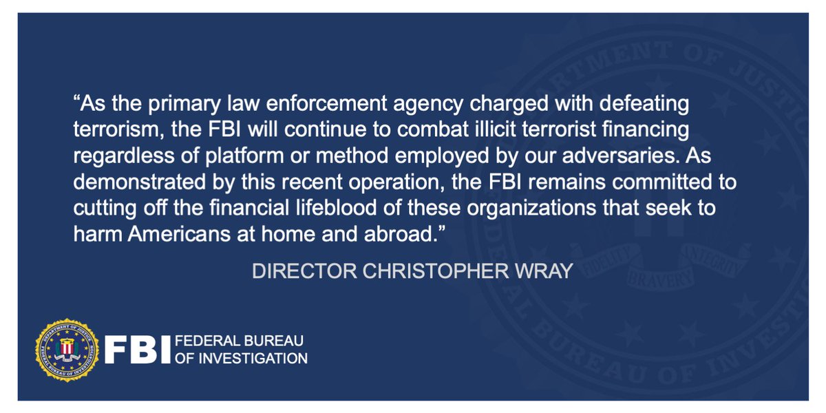FBI's tweet photo. Global Disruption of Three Terror Finance Cyber-Enabled Campaigns https://t.co/6b132aJPb2 https://t.co/NxYn5Eq4D9