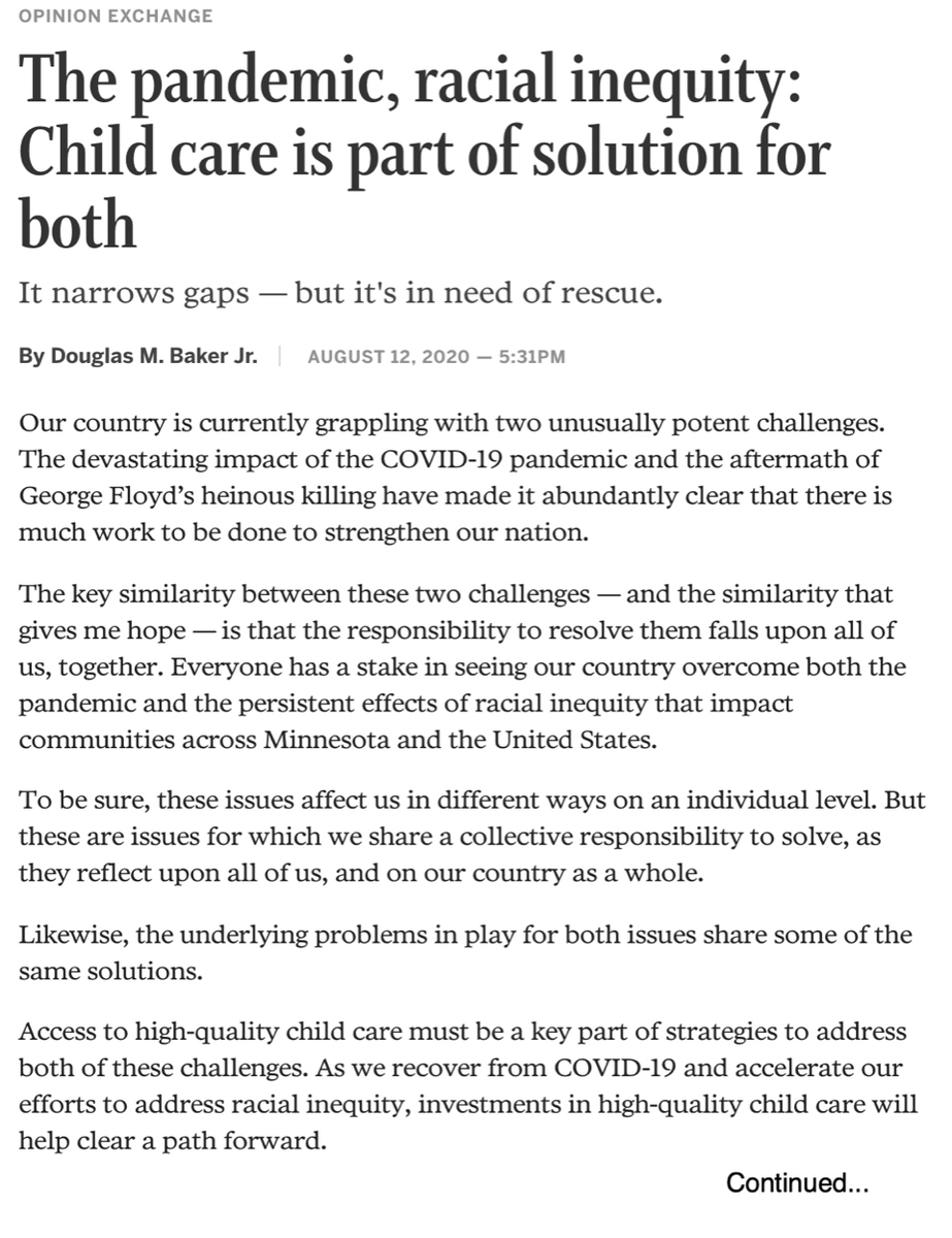 MN4Scholarships's tweet photo. Ecolab CEO: "Access to high-quality child care must be a key part of strategies to address both of these challenges (pandemic &amp; racial inequity)" #mnleg @GovTimWalz @LtGovFlanagan @paulgazelka @melissahortman @KarinHousley @LisaDemuthMN @MelisaFranzen https://t.co/0bGcY6BXvd https://t.co/Fmjr9J8pud