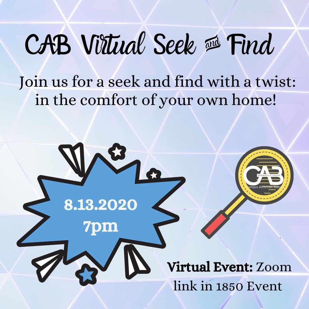 Bored at home and want to enjoy time with your fellow flyers? Join CAB TONIGHT at 7pm for our ✨virtual✨ seek and find!