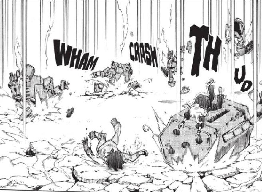 Funnily enough this is the moment in manga where we get a reveal of how her quirk actually works. I think in the anime we get a glimpse earlier with the small bots but this is the first moment we see her fingers touch+the floating objects fall and OW that looks like it hurt