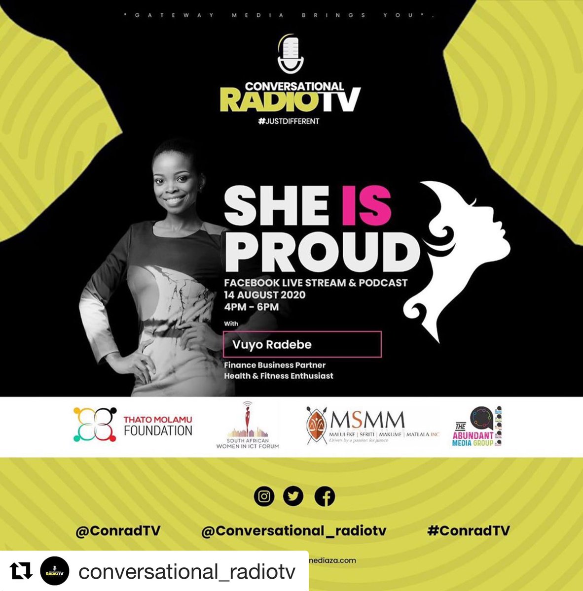 ThatoMolamu's tweet photo. @ConRadio_TV tomorrow 4-6pm every Friday. #SheIsProud #WomensMonth #VuyoRadebe vibes as the youth would say it. Livestream on Facebook , wa tseba mos, ladies take over #ConradTV https://t.co/arJfMEFpG2