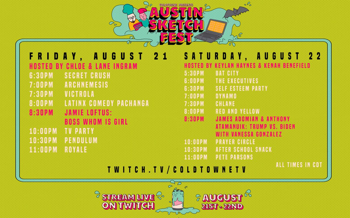 austin sketch fest 2020 is coming up next weekend! peep this sick lineup and subscribe to our twitch! we'll be coming to you live aug 21-22 at twitch.tv/coldtownetv