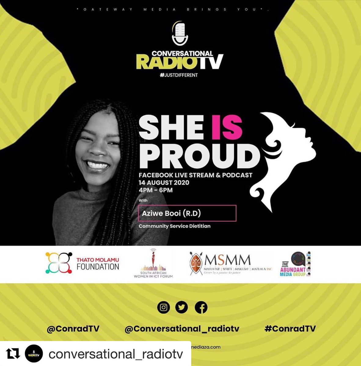ThatoMolamu's tweet photo. @ConRadio_TV Mara ong ketsang every Friday mos 4-6pm . #SheIsProud , yes that she is and let her share with you tomorrow on our #FacebookPage of Conrad TV #AziweBooi . It’s Friday good people , let’s talk solutions https://t.co/3jXo3MoEfP