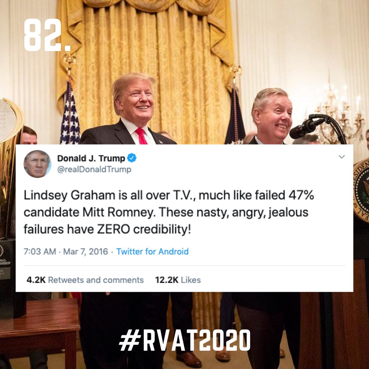 82. This behavior was and is par for the course for Trump.What's really gross is the way Graham takes it upon himself to praise... Trump's golfing skills? Come on, man. What happened to you? https://twitter.com/RVAT2020/status/1271504127735062534?s=20