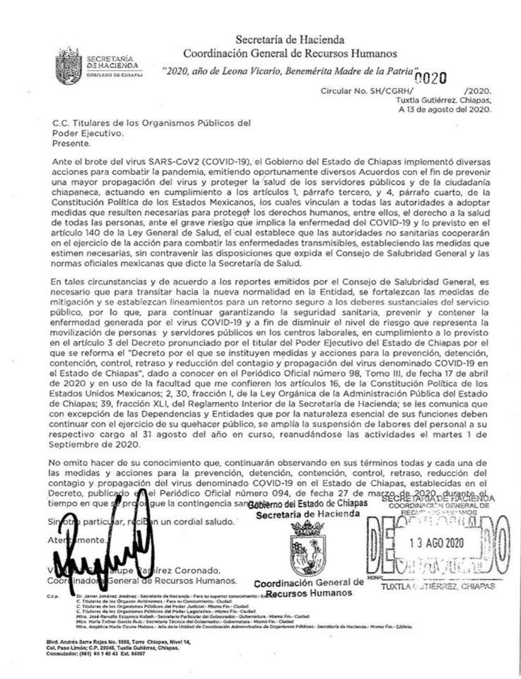 tinta_fresca's tweet image. MAAAASSSS #CuarentenaExtendida en @ChiapasGobierno. Nuevo oficio de la @Shchiapas reporta que burocracia se reincorpora a sus funciones a partir del 1 de septiembre #Chiapas