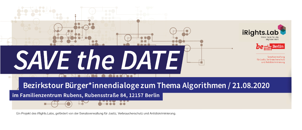 Steglitzer*innen! Am 21. August wollen wir <a href="/iRightslab/">iRights.Lab</a> Eure Fragen, Eure Meinungen und Eure Leidenschaft! Wir starten unsere Bürger*innentour zum Thema KI &amp; Algorithmen. Schön anziehen, Hund einpacken und uns Löcher in den Bauch fragen. Alle Infos hier: irights-lab.de/bezirkstour-st…