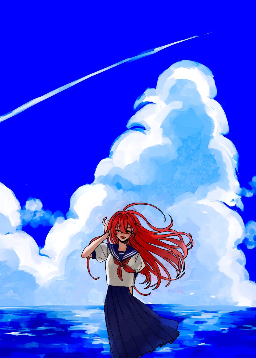 1girl solo long hair cloud skirt sky school uniform  illustration images