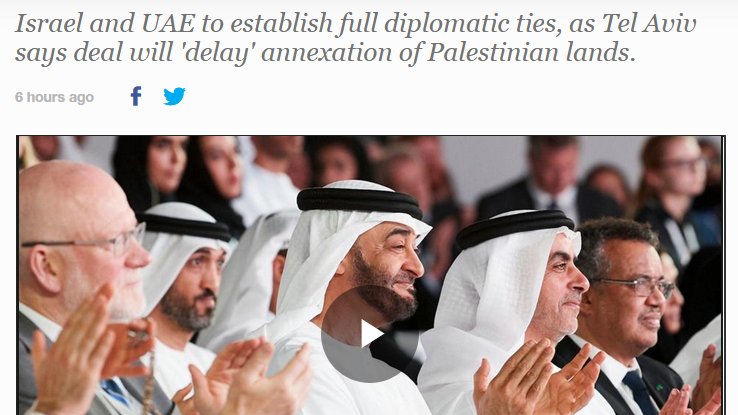 Emiriah Arab Bersatu (UAE) baru saja mengumumkan ia akan mengiktiraf Israel dan menjalin hubungan diplomatik dengan Israel.UAE adalah negara Arab ke-3 yang berbuat demikian, selepas Mesir (1979) dan Jordan (1994).