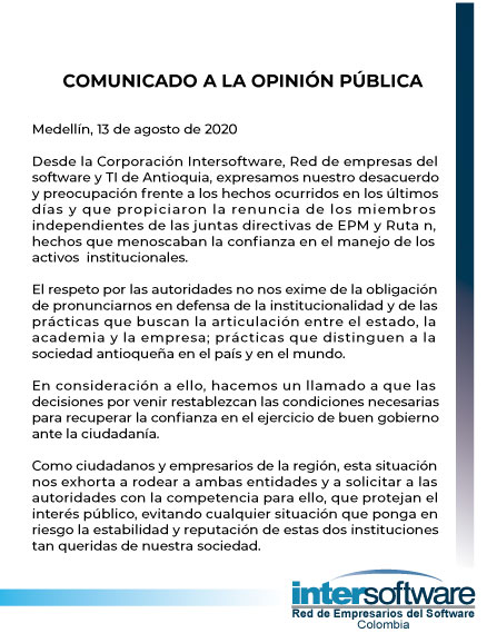 InterSoftwareCo's tweet photo. En este momento de incertidumbre,donde se pone en juego lo que nos ha hecho crecer y destacarnos en el país y en el mundo,los empresas de la red de software y TI de Antioquia hacen un llamado al respeto por el buen gobierno y la institucionalidad. https://t.co/83zcdRaaE4