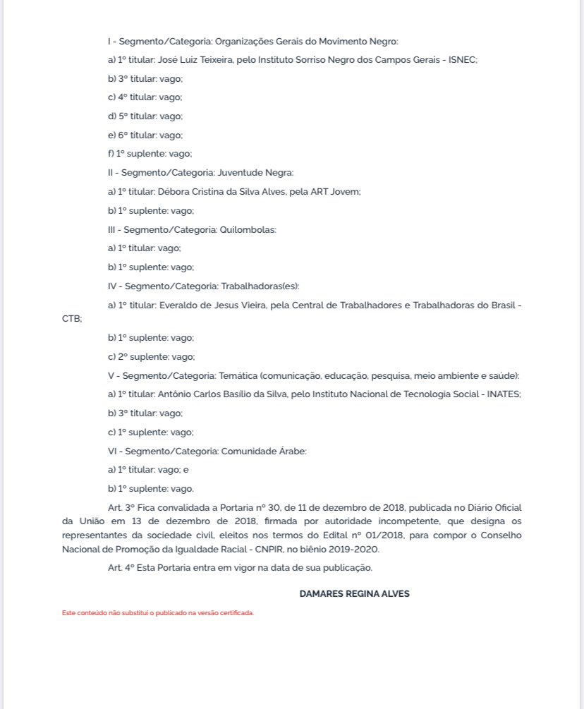 asheilacarvalho's tweet photo. GRAVÍSSIMO: Em represália ao pedido de impeachment, @jairbolsonaro e @DamaresAlves destituiram organizações negras de conselho participativo.

Orgs da @coalizaonegra que fizeram o pedido de impeachment ontem foram retiradas do Conselho Nacional de Promoção da Igualdade Racial https://t.co/JOY56PszA5