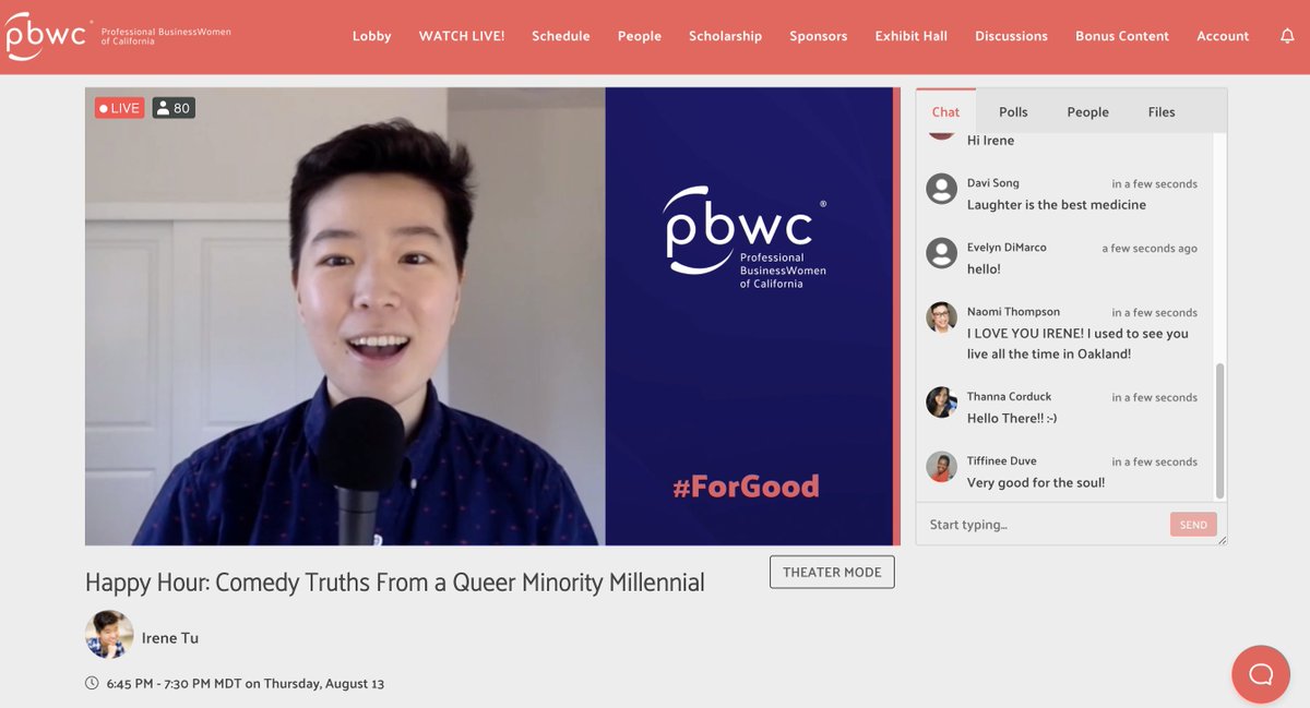 pbwc's tweet photo. Laughter truly is the best medicine. Join our first-ever #PBWC comedy event, featuring @irene_tu. She's one of "13 SF Stand Up Comedians to Go See Now,” and she's here for Happy Hour: Comedy Truths From a Queer Minority Millennial NOW! 

#PBWC2020 #ForGood https://t.co/XexzWq7pag