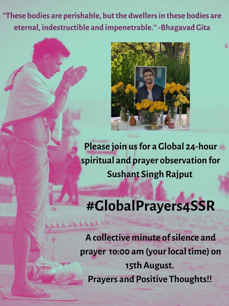 I request you all to please join us for Global 24-hour spiritual and prayer observation for Sushant Singh Rajput, so that the truth prevails and we find justice for our beloved Sushant #GlobalPrayers4SSR 🙏❤️🙏 #CBIForSSR #Warriors4SSR #justiceforSushantSinghRajput #Godiswithus