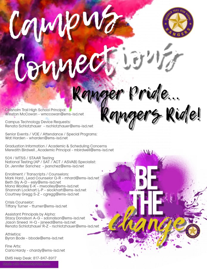 ChisholmTrailHS's tweet photo. Hello Ranger Family! Whether you are a veteran Ranger or new to the Trail, we want you to know how to connect with us @EMSISD @McCowanWinston #EMSproud #EMScommUNITY #RangersRide #BeTheChange https://t.co/rIx7auPUPY