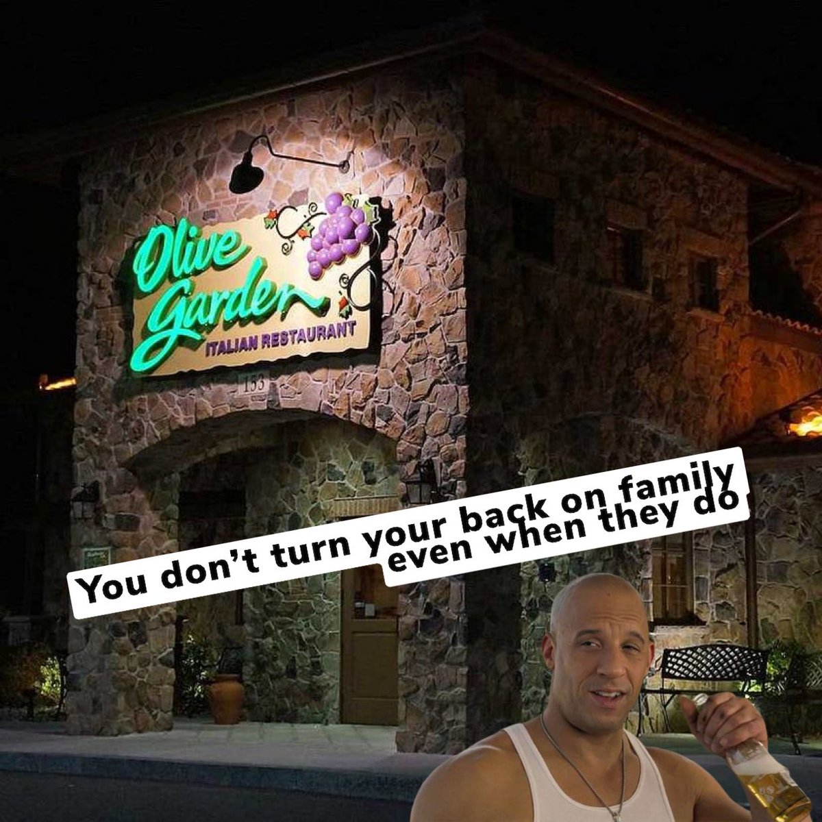 therealanor's tweet photo. I can’t believe I just found out about Olive Garden changing their slogan 7 years ago. You tell em @vindiesel !@olivegarden @TheFastSaga https://t.co/96wTxtzvVH