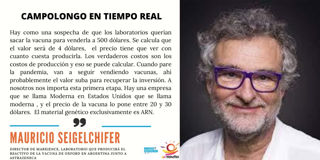 OkEntiemporeal's tweet photo. "Hay como una sospecha de que los laboratorios querían sacar la vacuna para venderla a 500 dólares. Se calcula que el valor será de 4 dólares,el precio tiene que ver con cuanto cuesta producirla." Mauricio Seigelchifer en @Coloniaam550  con @cmcampolongo @leandromazzaok #SunProd https://t.co/OPYHimgwNR