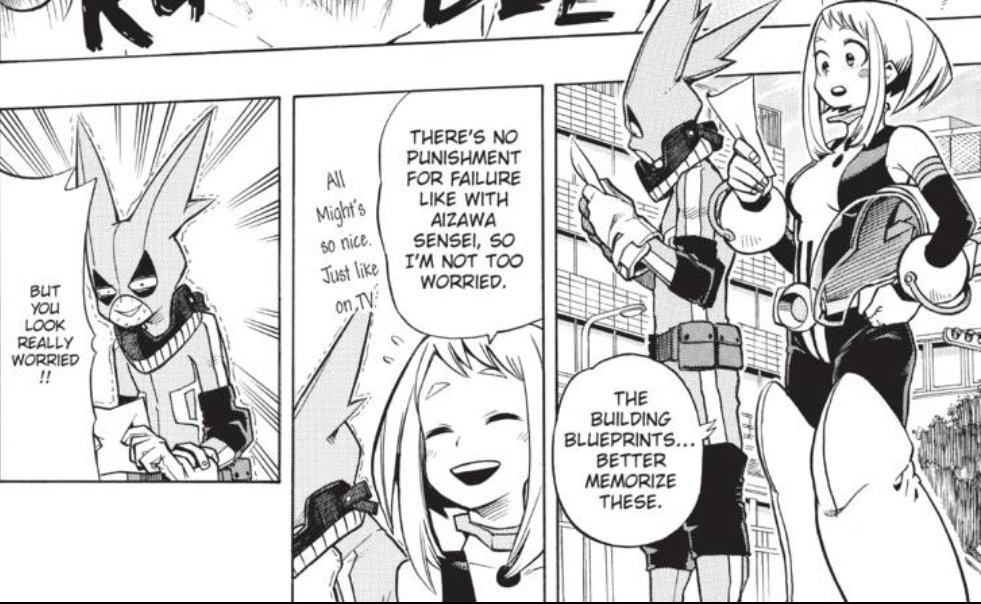 She's def looking a lot better and yeah it's totally because there's no concern about being punished or kicked out. But yknow how can she not...notice deku right? Look at im he's all nerves lol might be the first time we see her blurting things out in spite of them being so blunt