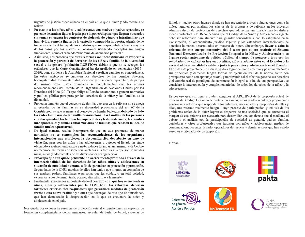 sybelmartinez's tweet photo. Este pronunciamiento cuenta con 49 adhesiones de ONG's y 103 personas defensoras de derechos humanos que exigimos el #ArchivoReformasCONA por no contar con la participación activa de los NNA y ser regresiva en derechos. Tomen nota #ComisiónNiñez @AsambleaEcuador https://t.co/gfXswCf9aa