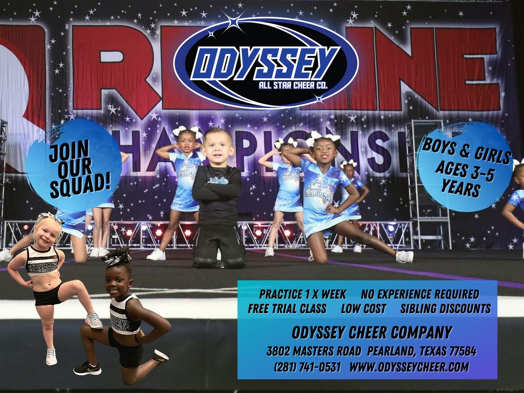 Do you have a pre-schooler who loves to cheer, dance and perform?  Our Lil' Flurries athletes are the future of Odyssey Cheer! Our team meets every Thursday @ 6PM!  Call 281-741-0531 to schedule a FREE trial class!