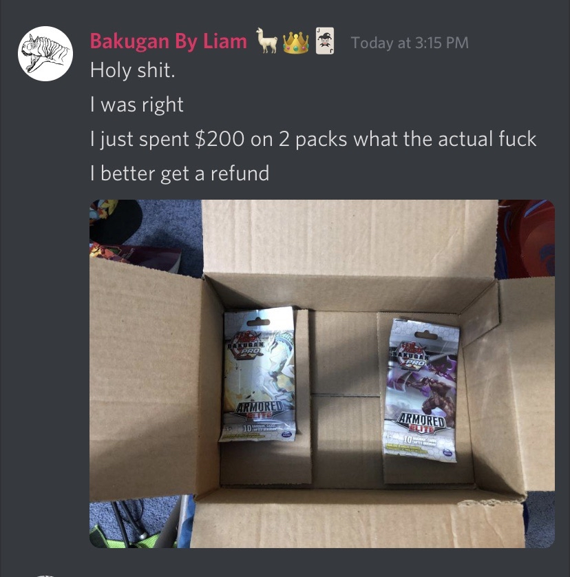 BrawlerCafe's tweet photo. The @bakugan @SpinMaster Armored Elite booster box listing on @amazon appears to be just 1 booster pack for $99 USD, as reported by several individuals. Fortunately, these users have been able to get refunds. Do not purchase this listing, and refund any orders you have made. https://t.co/vpnD92K5Ba