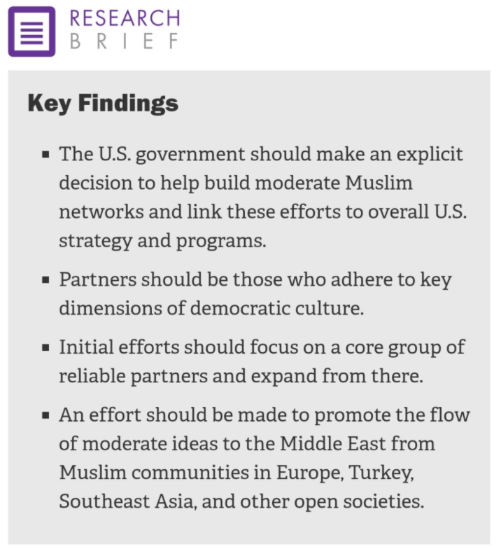 9. There are reasons to worry that 'research collaborations' with CIA-linked organisations produce unintended consequences, where long-term harm outweighs any achievable good.RAND Corp. recommendation for building relationships and networks of moderate Muslims is relevant here.