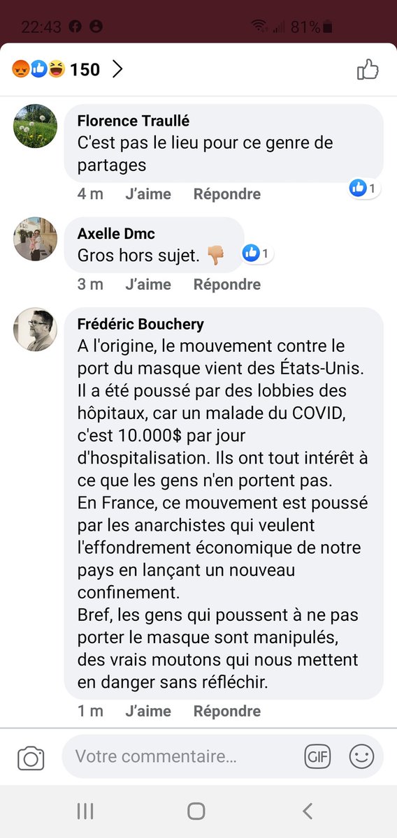 FredBouchery's tweet photo. Mon commentaire sur une publication Facebook contre le port du masque 🙂 https://t.co/MH5JjFC8oM