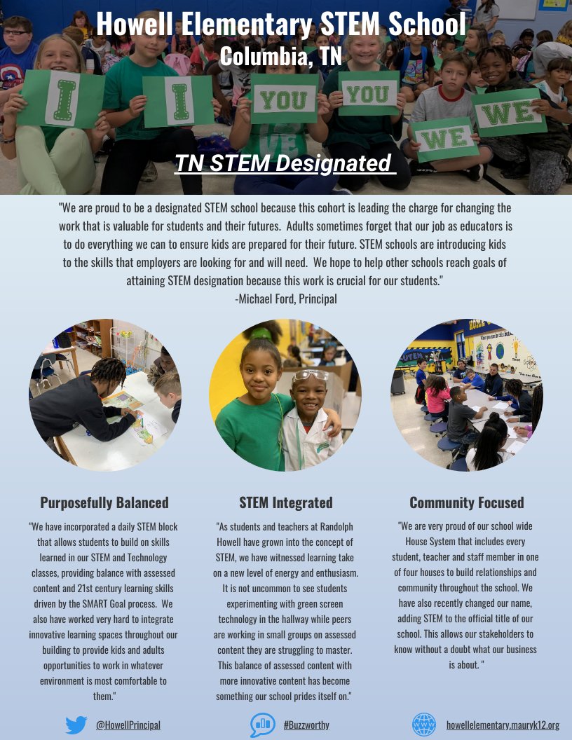 theTSIN's tweet image. Today we are pleased to feature Howell Elementary STEM School in Columbia, TN as our Designated School of the Day! @howellprincipal shares the importance of creating a balanced, student-driven, and purposeful approach to #STEM education. Check it out!