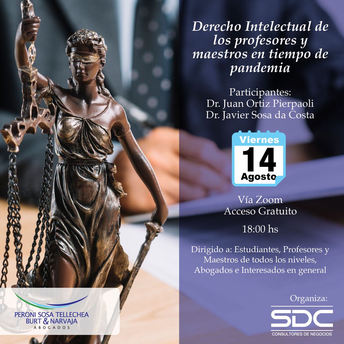 PSTBNLawFirm's tweet photo. No te podes perder esta charla. #Gratuito desde las 18:00hs. #ViaZoom ✔️#PSTBN #SDC https://t.co/V0Oirq0IlX