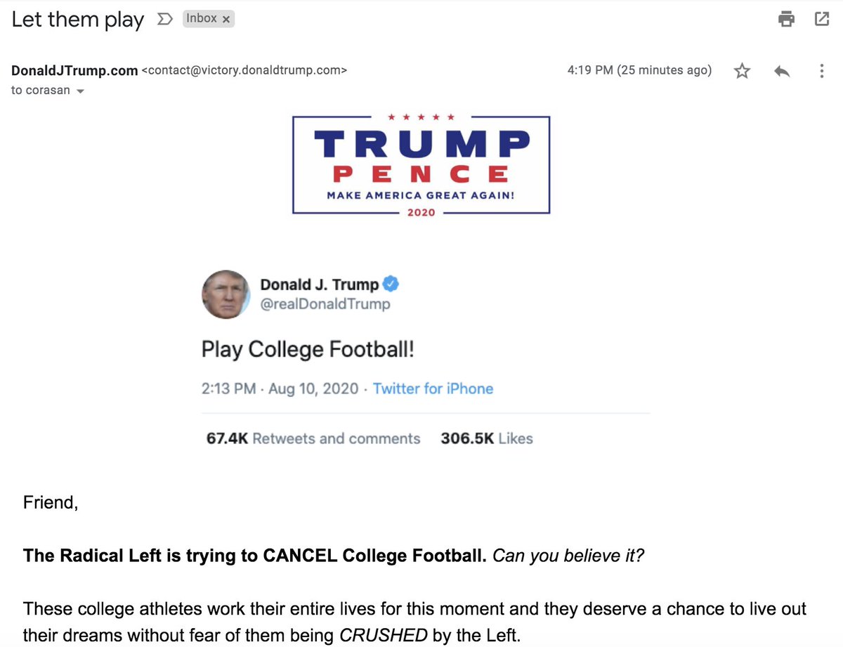The Trump campaign just sent out a fundraising email on college football, saying "The Radical Left is trying to CANCEL College Football. Can you believe it?"
@reidepstein
and I looked at the politics of the college football season on the brink:
https://t.co/Kkyj7E5Kjj https://t.co/v8VZTysQg7
