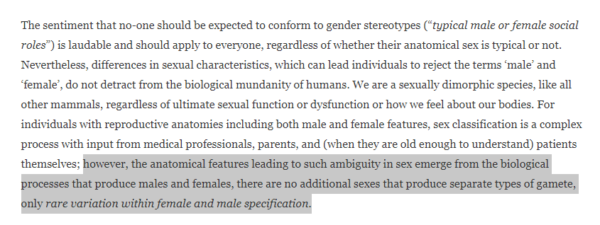  A reprodução sexual - a fusão de dois conjuntos genéticos diferentes para criar um novo indivíduo - resultou em dois e apenas dois sexos em todas as espécies complexas.via  @FondOfBeetles  https://theelectricagora.com/2020/06/02/on-sex-and-gender-identity-perspectives-from-biology-neuroscience-and-philosophy/amp/?__twitter_impression=true