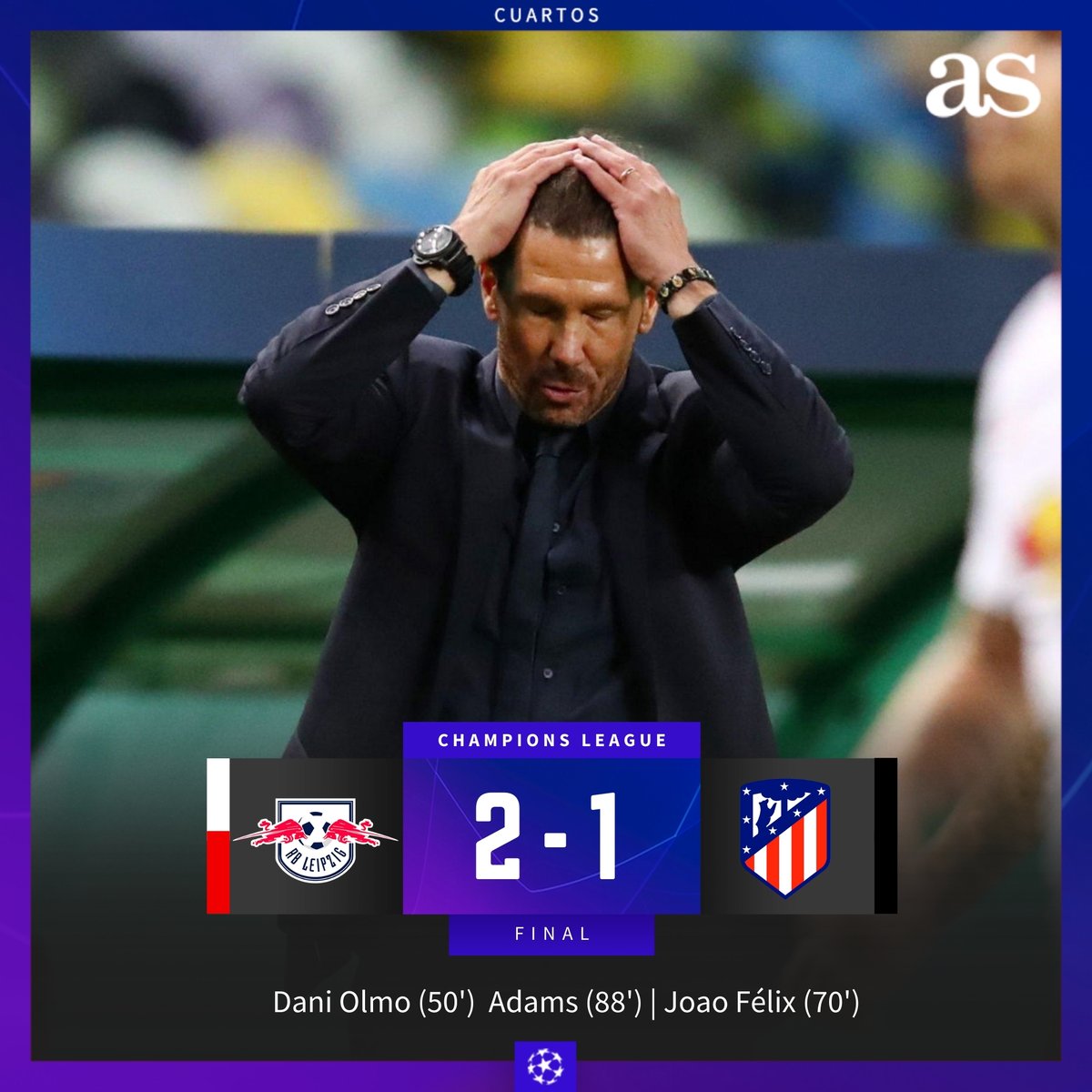 diarioas's tweet photo. 🚨 ¡Final en Lisboa!
📍 El Atlético pierde ante el Leipzig y cae eliminado de la Champions
📍 Un gol de Adams casi en el descuento acaba con el sueño de los del 'Cholo' Simeone
🏆 #UCL #LEIATM https://t.co/nJrWAN3UTM
