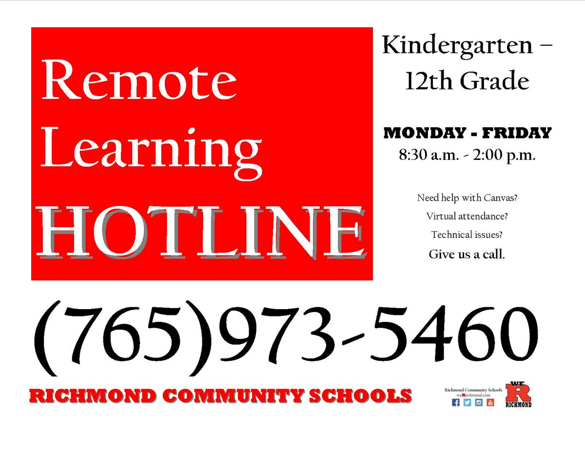 wearrrichmond's tweet photo. We've created a Remote Learning Hotline!  Beginning Friday, August 14, you can give us a call (765-973-5460) and we'll assist you with your remote learning questions and concerns. https://t.co/uLYWvFGKsC