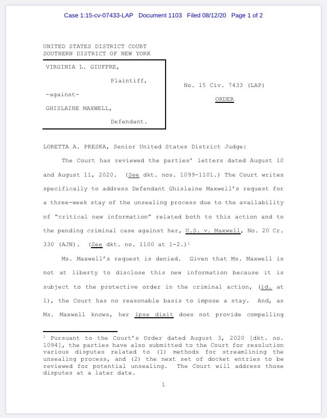 SCPatriotSC's tweet photo. Delay in unsealing denied. 
#MaxwellCase 

@potus @realdonaldtrump @whitehouse @thejusticedept https://t.co/oHPDWiLUJi