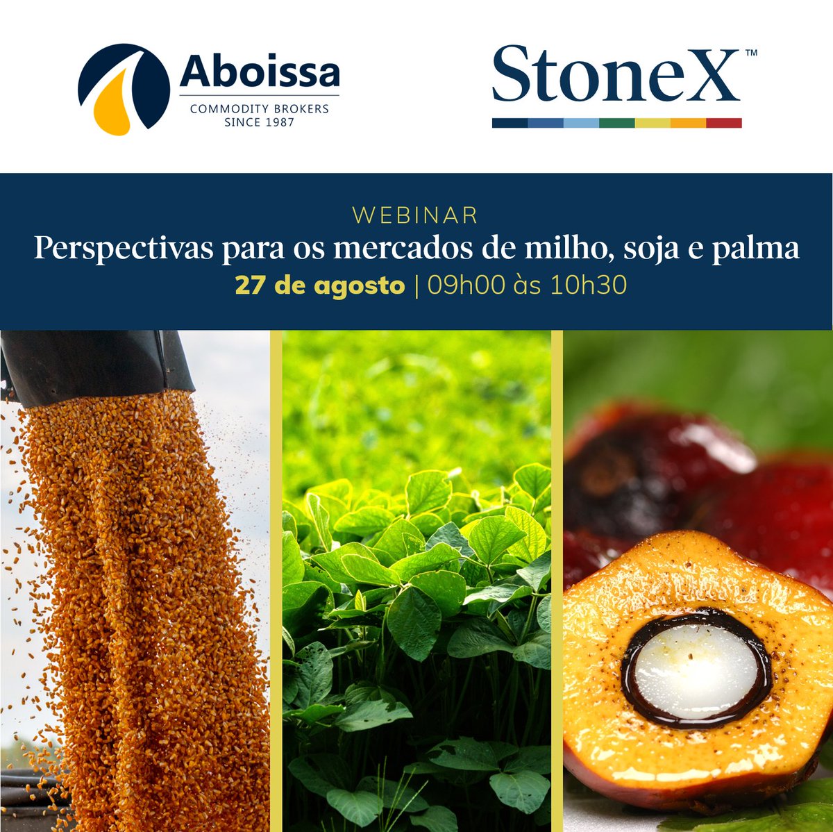 WEBINAR | Celebrando seus 33 anos de fundação, a Aboissa Commodity Brokers realizará um webinar sobre os mercados de milho, soja e palma em parceria com a <a href="/StoneX_Brasil/">StoneX Brasil</a>. Não perca a oportunidade de participar deste encontro! Inscreva-se já! mercadosagricolas.com.br/evento-27-08/
