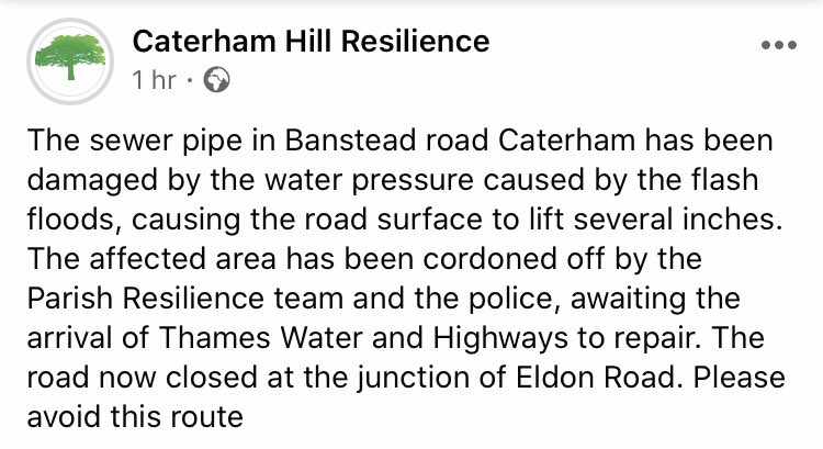 An update from #Caterham Hill Resilience regarding the situation in Banstead Road. Please avoid using this route.