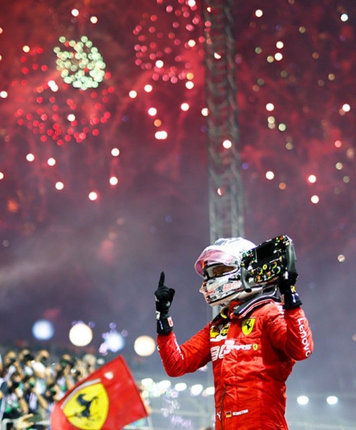 Sebastian Vettel after winning the 2019 Singapore Grand Prix, almost definitely his last win for Ferrari
