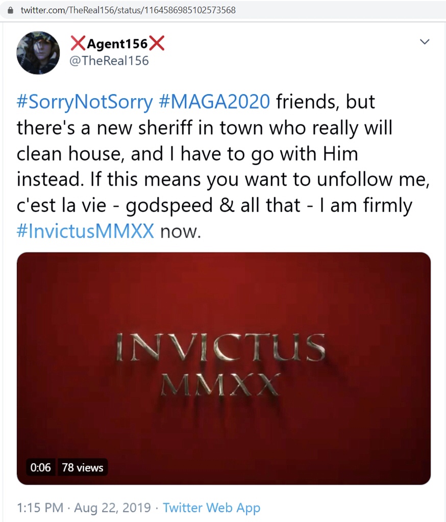 Many of Rynne Cowham's twitter posts are in support of white nationalist leader Augustus Invictus and The Revolutionary Conservative website.Here, Cowham is promoting Augustus Invictus' 2020 presidential campaign. His campaign platform is explicitly white supremacist.