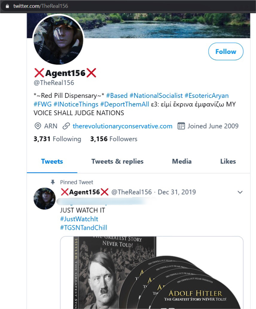 On twitter, Rynne Cowham goes by "The Real 156" (not "Agent 156").Her pinned post links to a 6-hour propaganda documentary that celebrates Adolf Hiltler & the Nazis, and mourns their defeat.Her twitter account is full of racist, neo-Nazi posts. https://twitter.com/TheReal156 