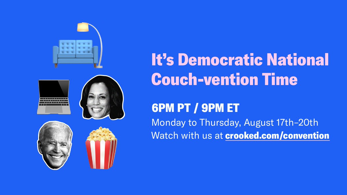 CrookedMedia's tweet photo. The Democratic National Convention is next week, and we got PLANS. Join us live: https://t.co/hbXHdWLfbH https://t.co/xUpWFKjXDH